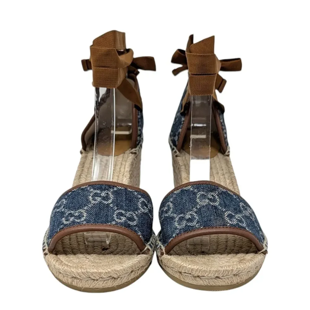 Gucci Pilar GG Monogram Denim D'Orsay Espadrille Wedge Heel Sandal Blue Tan 37